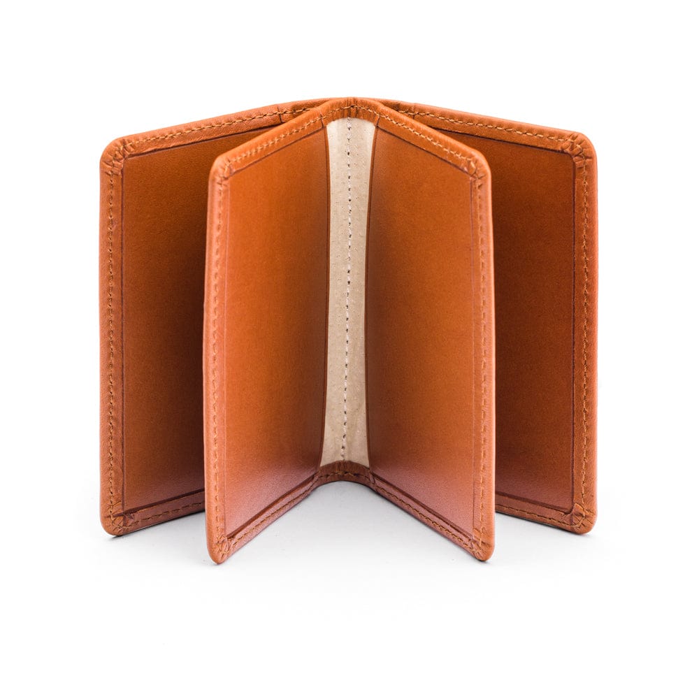 Leather bifold card wallet, havana tan, open