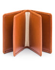 Leather bifold card wallet, havana tan, open