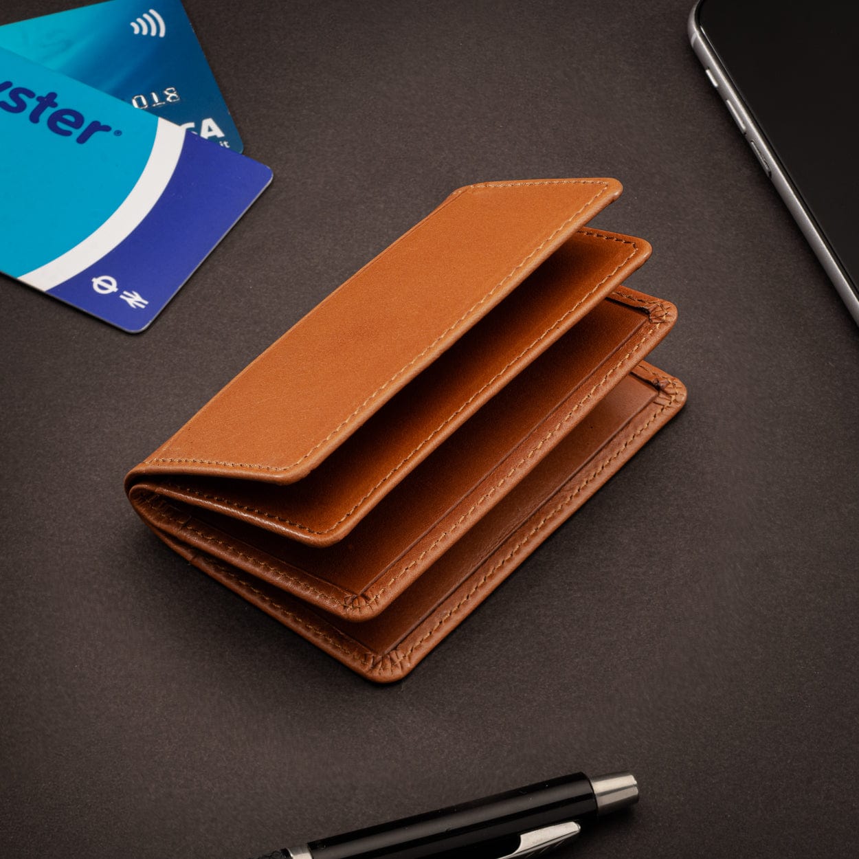 Leather bifold card wallet, havana tan, lifestyle