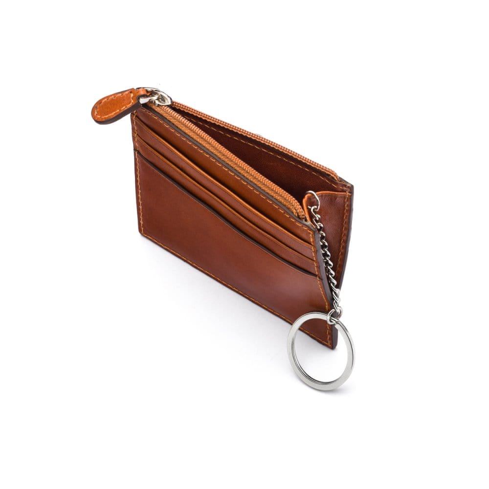 Leather card case with zip coin purse and key chain, tan, open