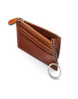 Leather card case with zip coin purse and key chain, tan, open