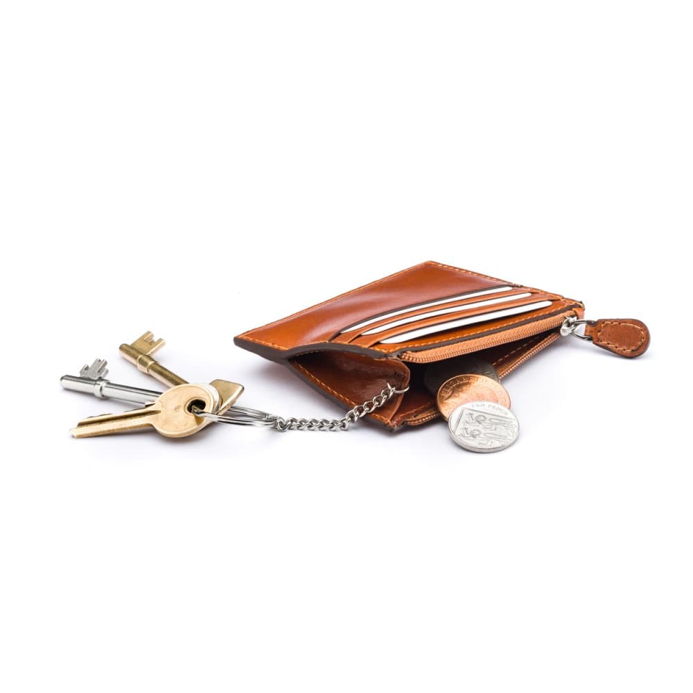 Leather card case with zip coin purse and key chain, tan, inside