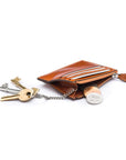 Leather card case with zip coin purse and key chain, tan, inside