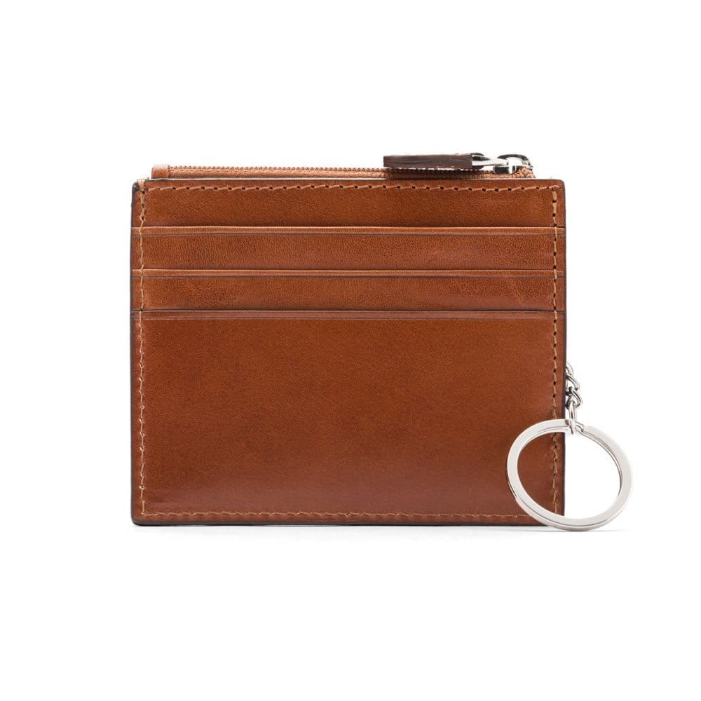 Leather card case with zip coin purse and key chain, tan, front