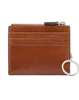 Leather card case with zip coin purse and key chain, tan, front