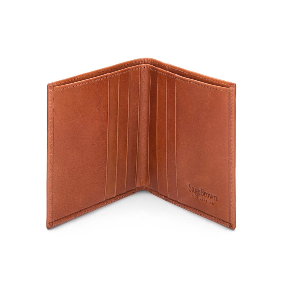 Leather compact billfold wallet 6CC, havana tan, open