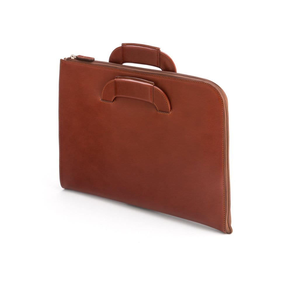 Leather document case with retractable handles, havana tan, side
