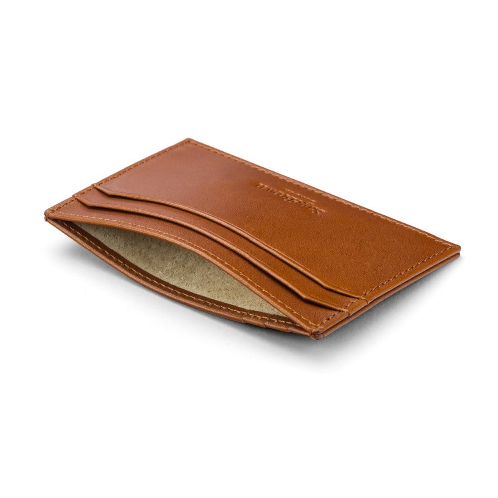 Flat leather credit card holder with middle pocket, 5 CC slots, tan, inside