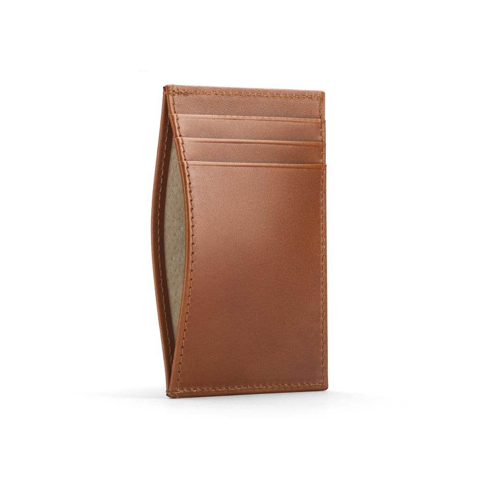 Flat leather credit card holder with middle pocket, 5 CC slots, tan, front