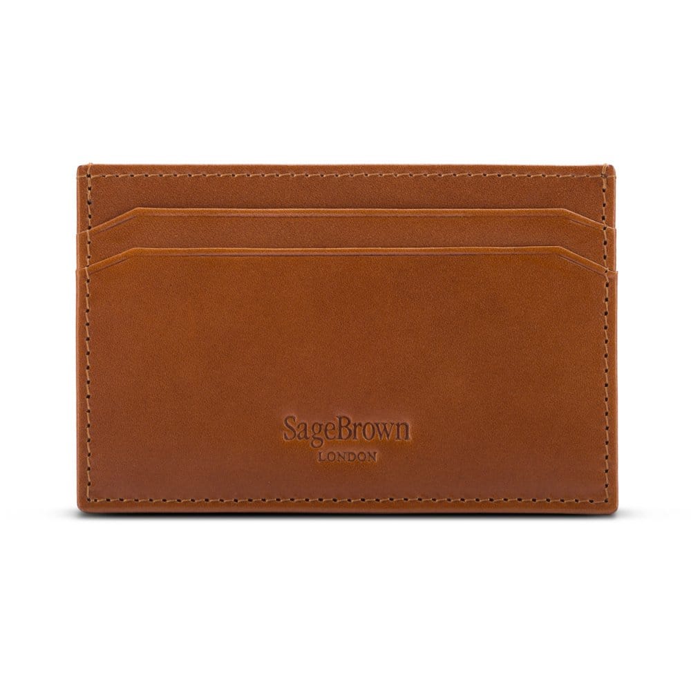 Flat leather credit card holder with middle pocket, 5 CC slots, tan, back