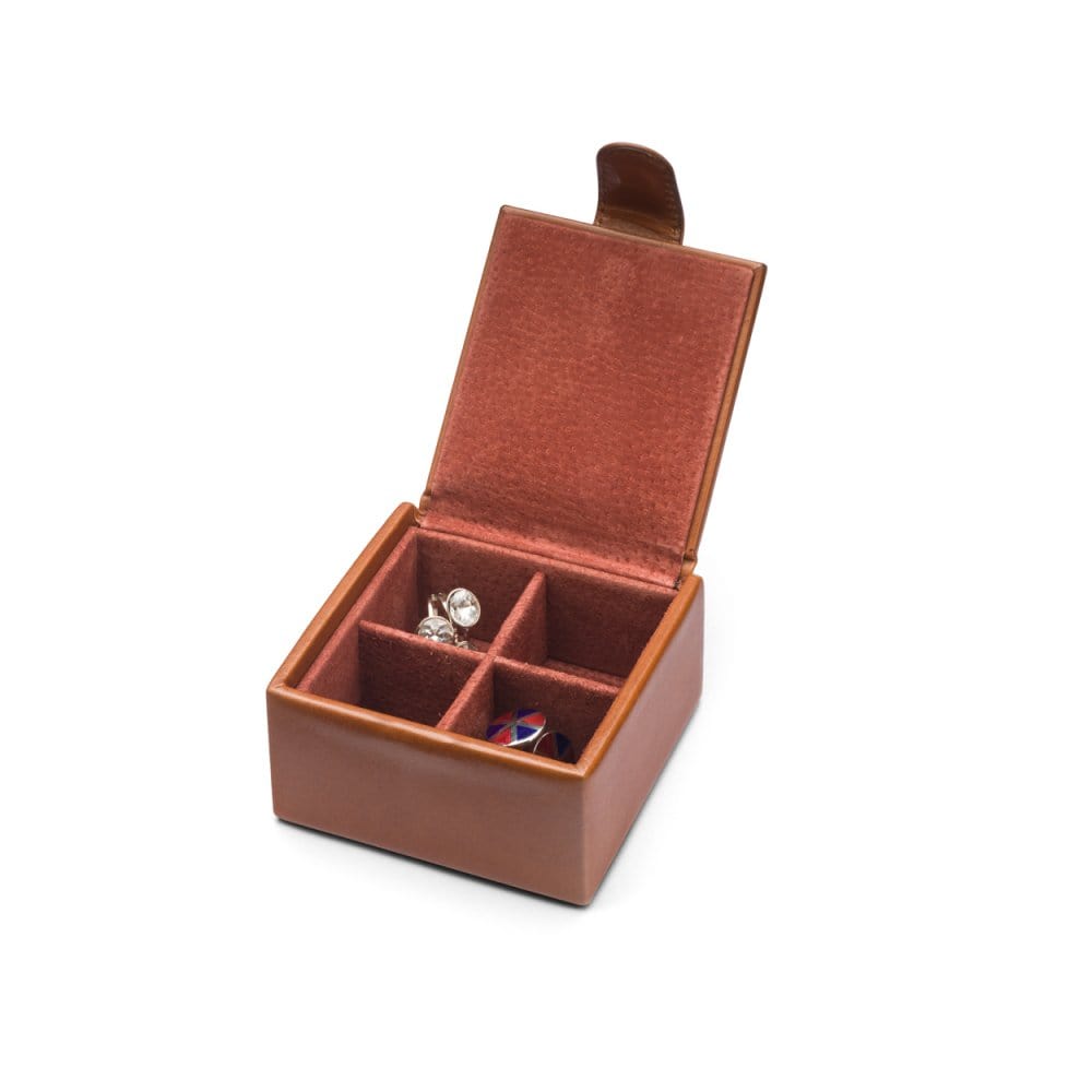 Leather jewellery box, tan, open