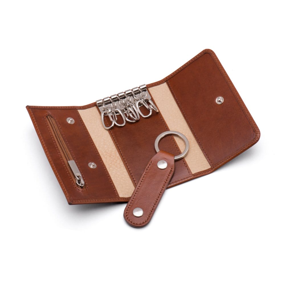 Key wallet with detachable key fob, havana tan, open