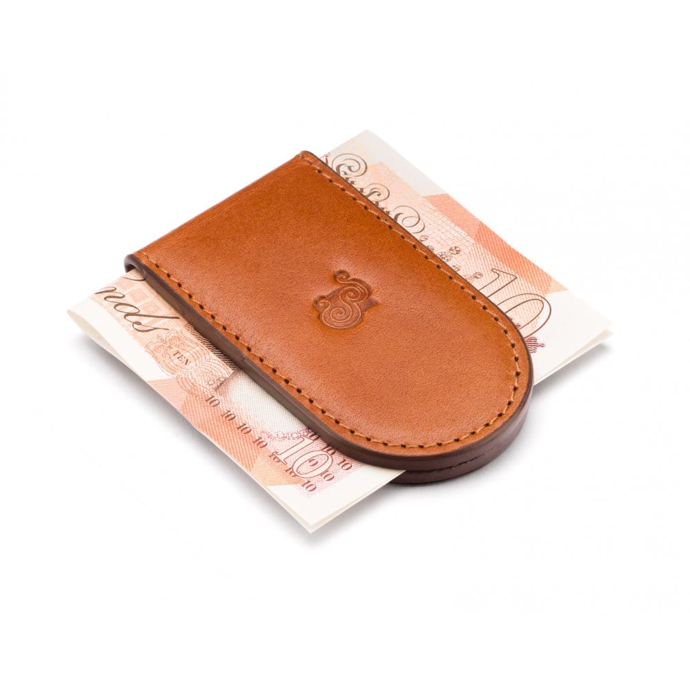 Leather Magnetic Money Clip, havana tan, with cash