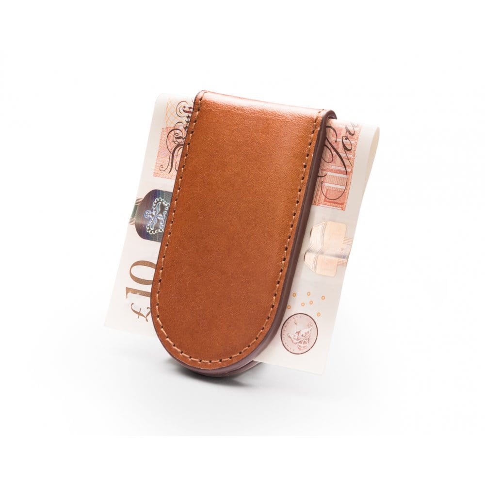 Leather Magnetic Money Clip, havana tan, back