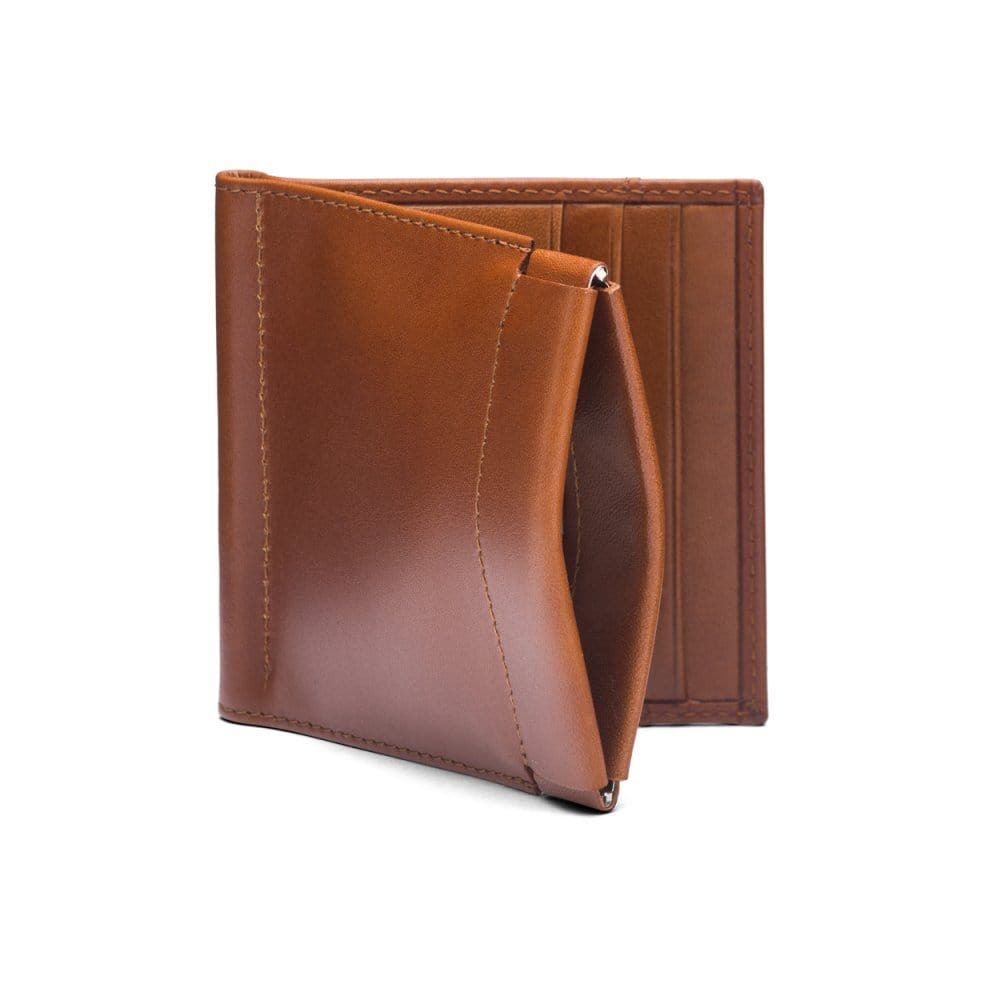Leather money clip wallet with coin purse, havana tan, front