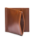 Leather money clip wallet with coin purse, havana tan, front