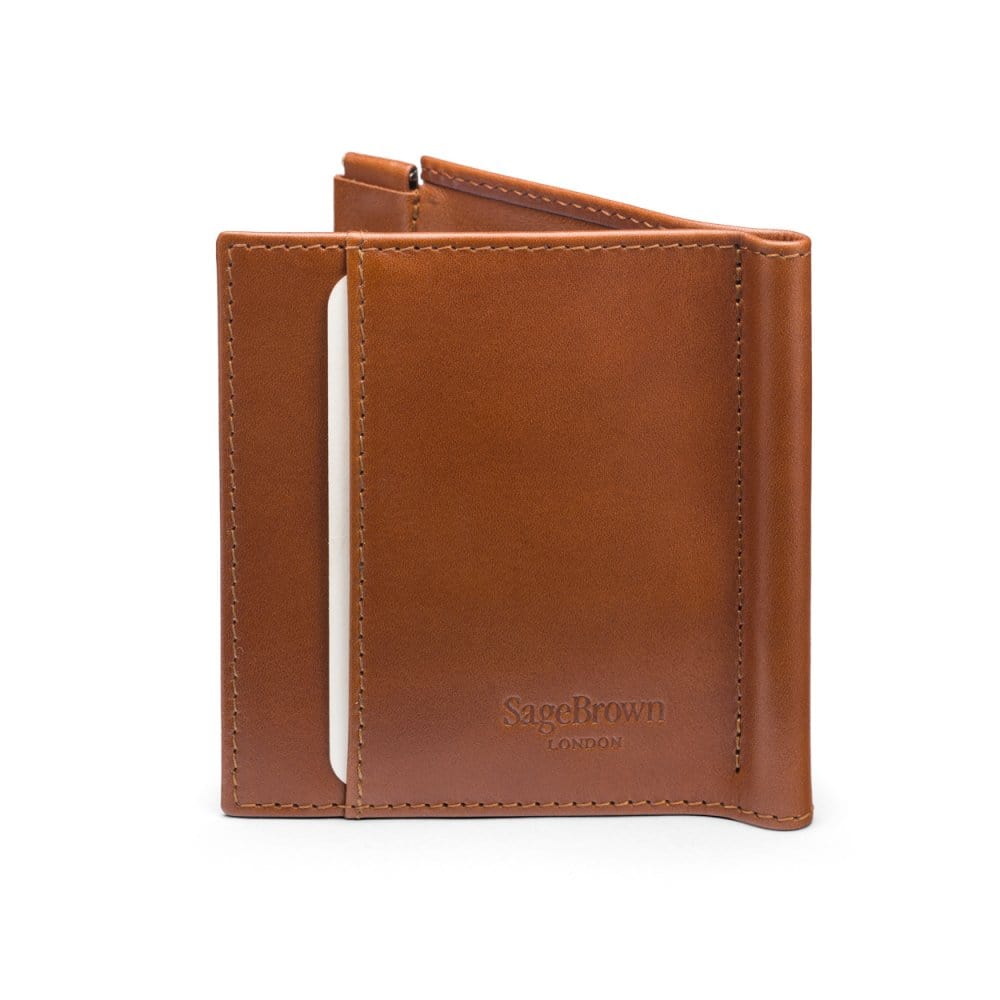 Leather money clip wallet with coin purse, havana tan, back