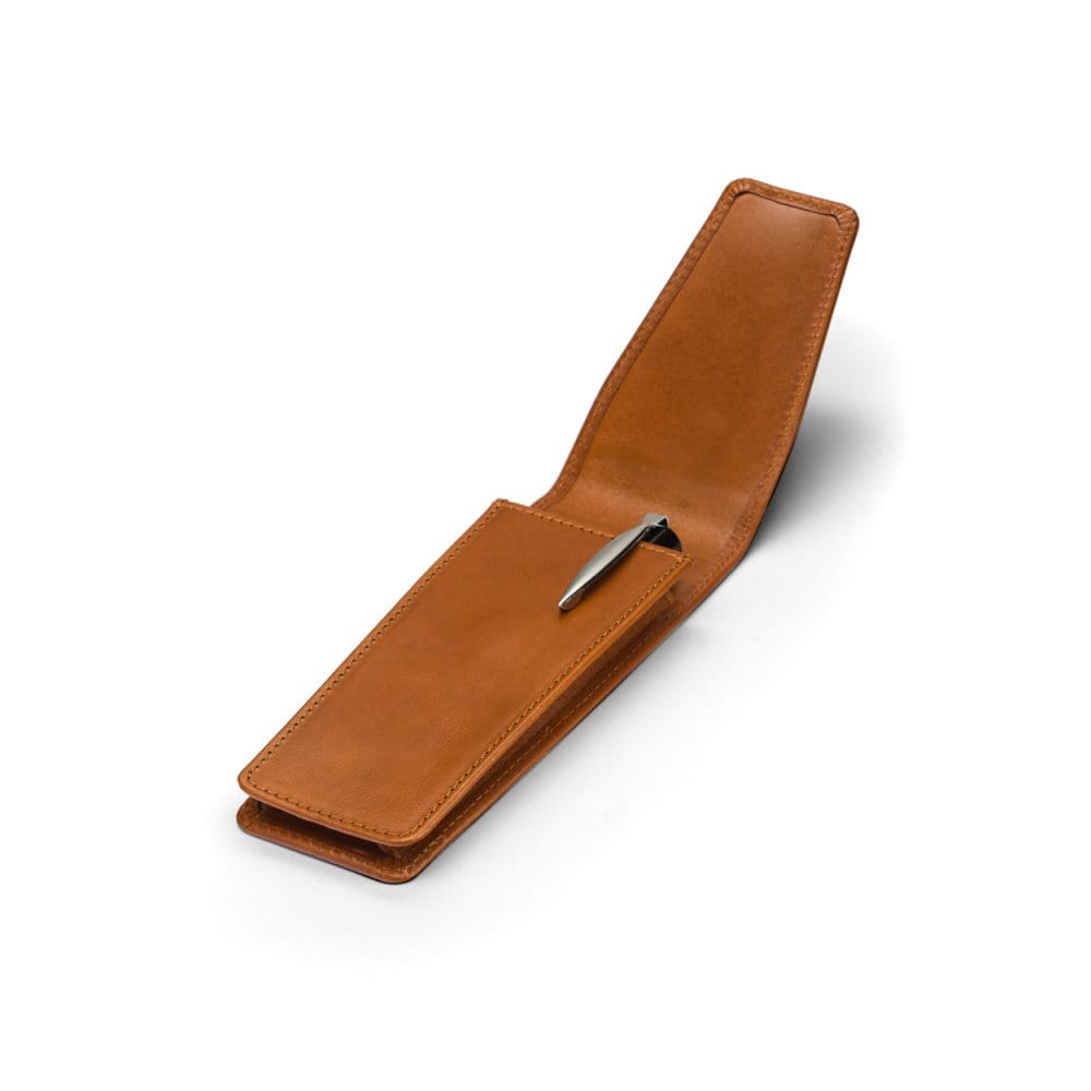 Leather pen case, havana tan, open