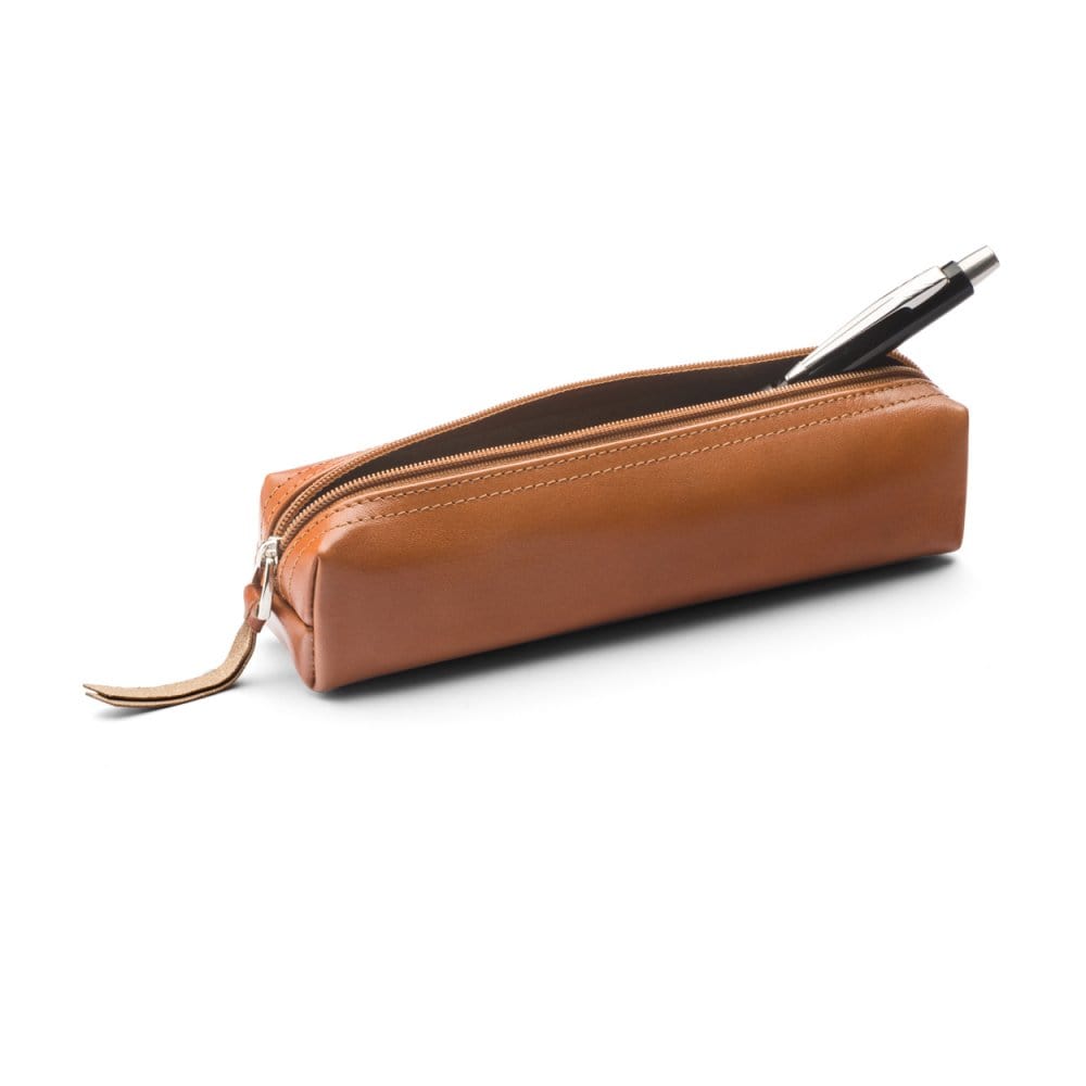 Leather pencil case, havana tan, open