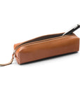 Leather pencil case, havana tan, open