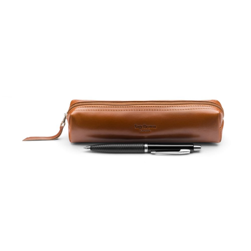 Leather pencil case, havana tan, front