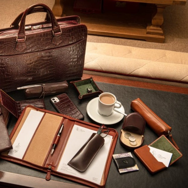 Leather pencil case, havana tan, lifestyle