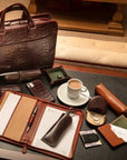 Leather pencil case, havana tan, lifestyle