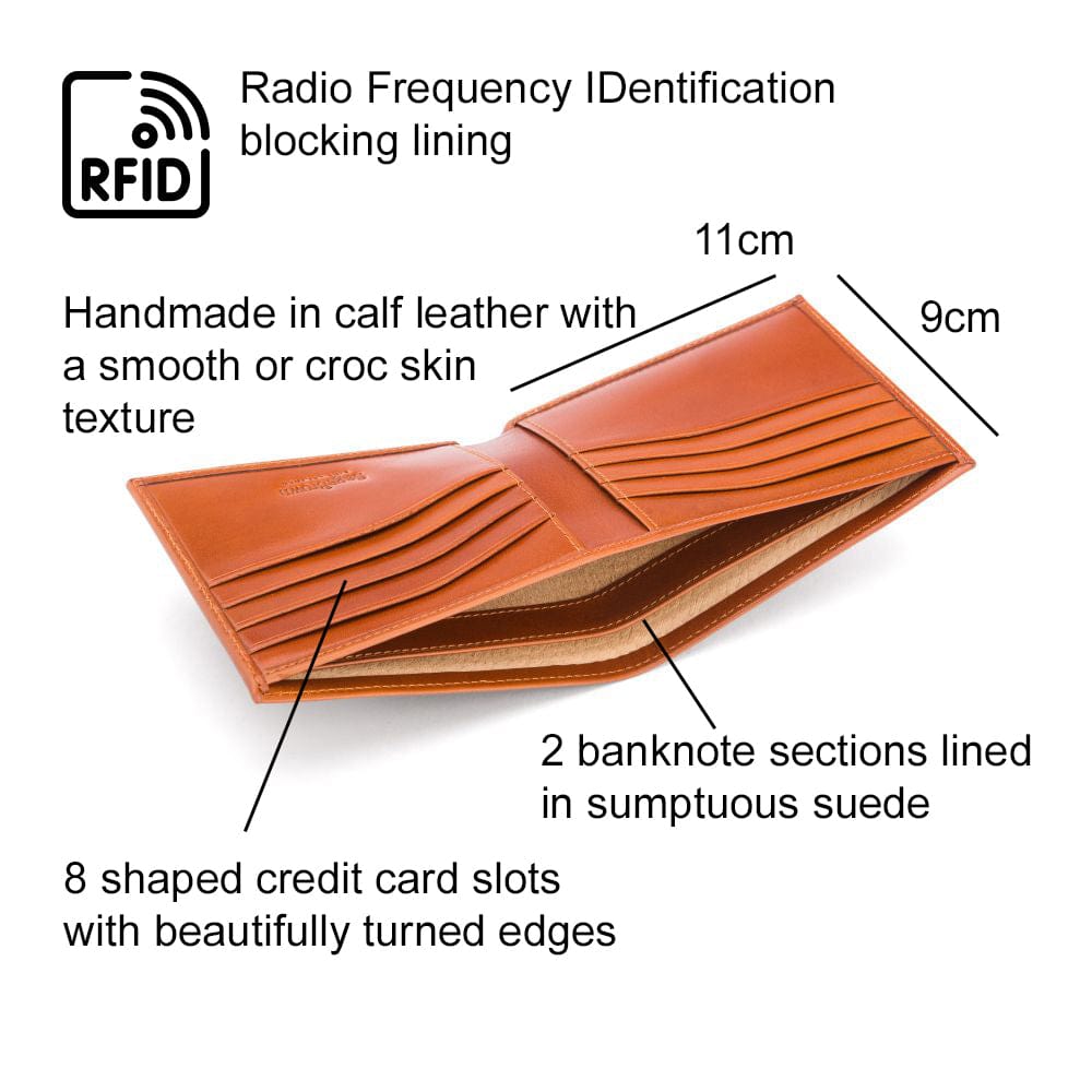 RFID leather wallet for men, havana tan, features