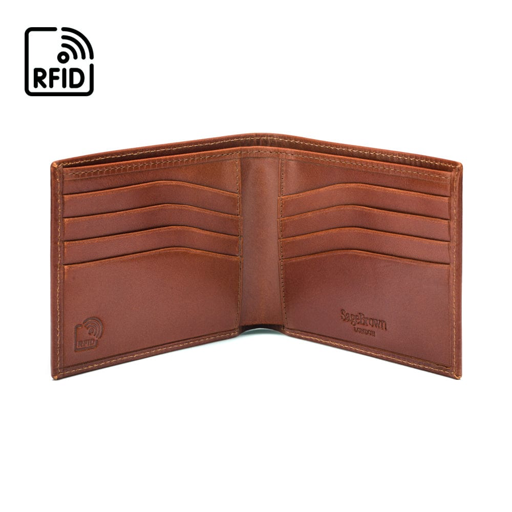 RFID leather wallet for men, havana tan, open view
