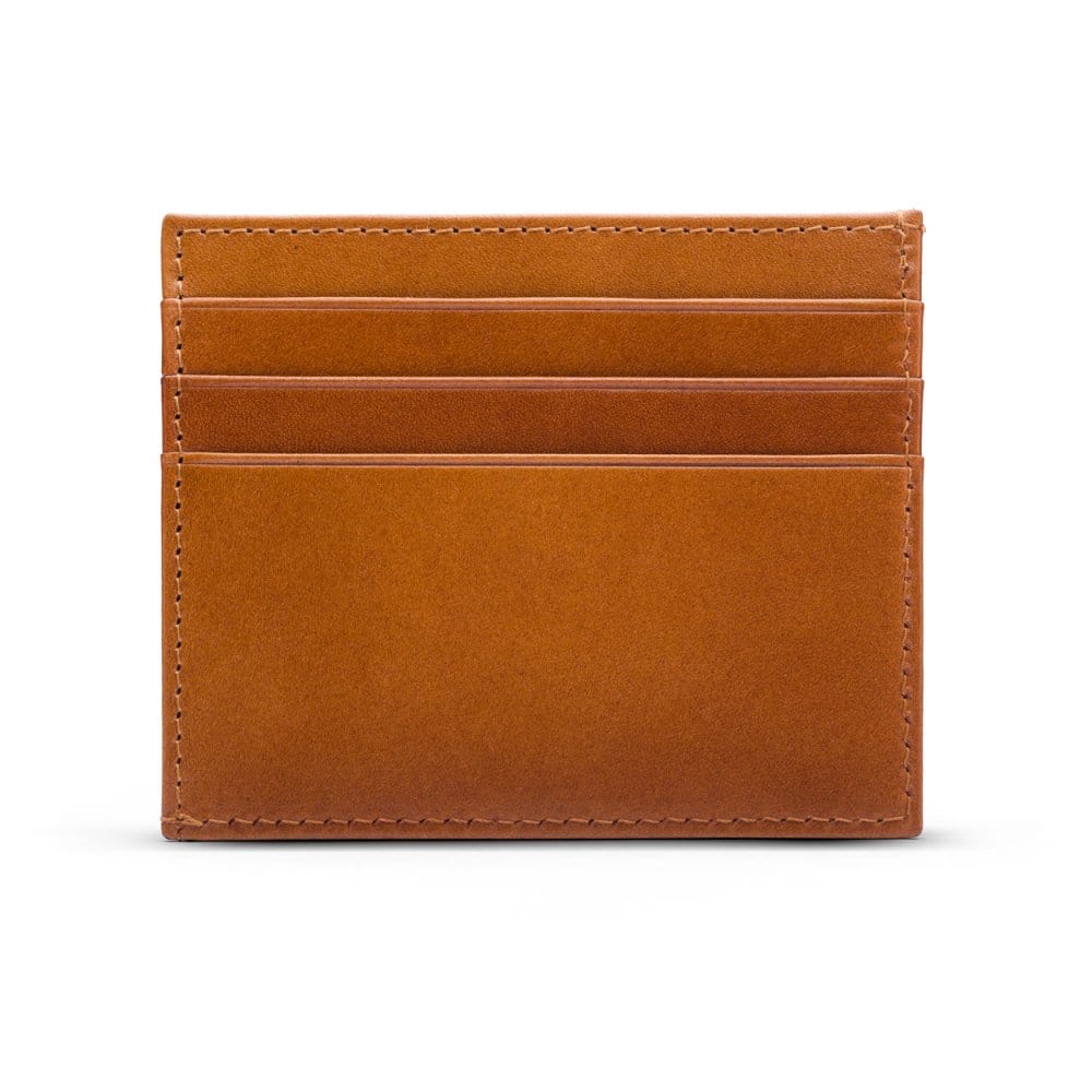 Leather side opening flat card holder, tan, front