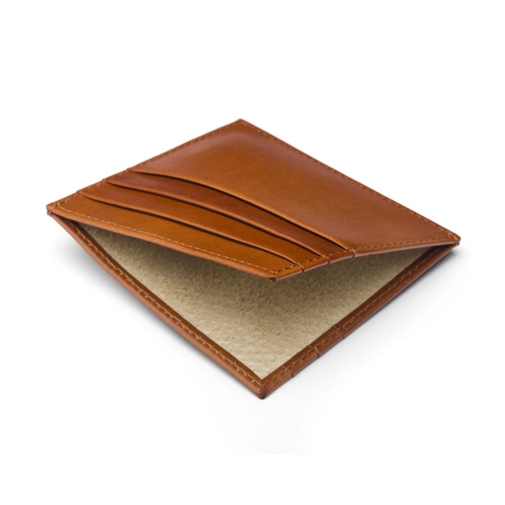 Leather side opening flat card holder, tan, open
