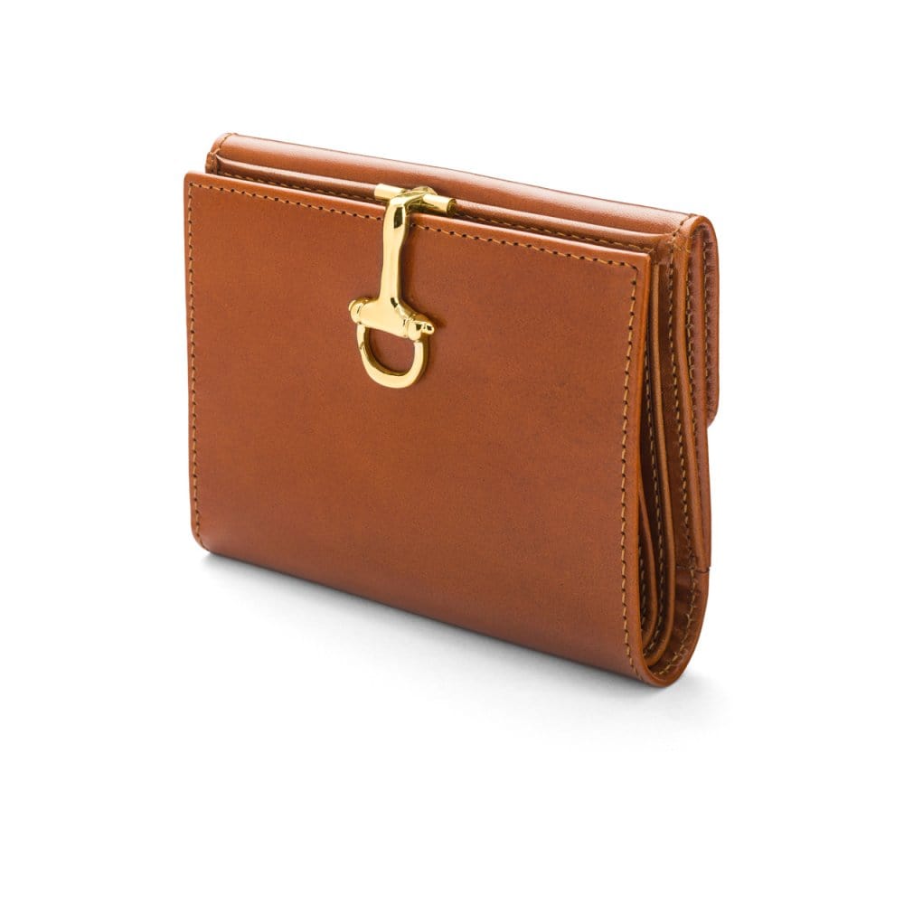 Leather purse with brass clasp, havana tan, front view