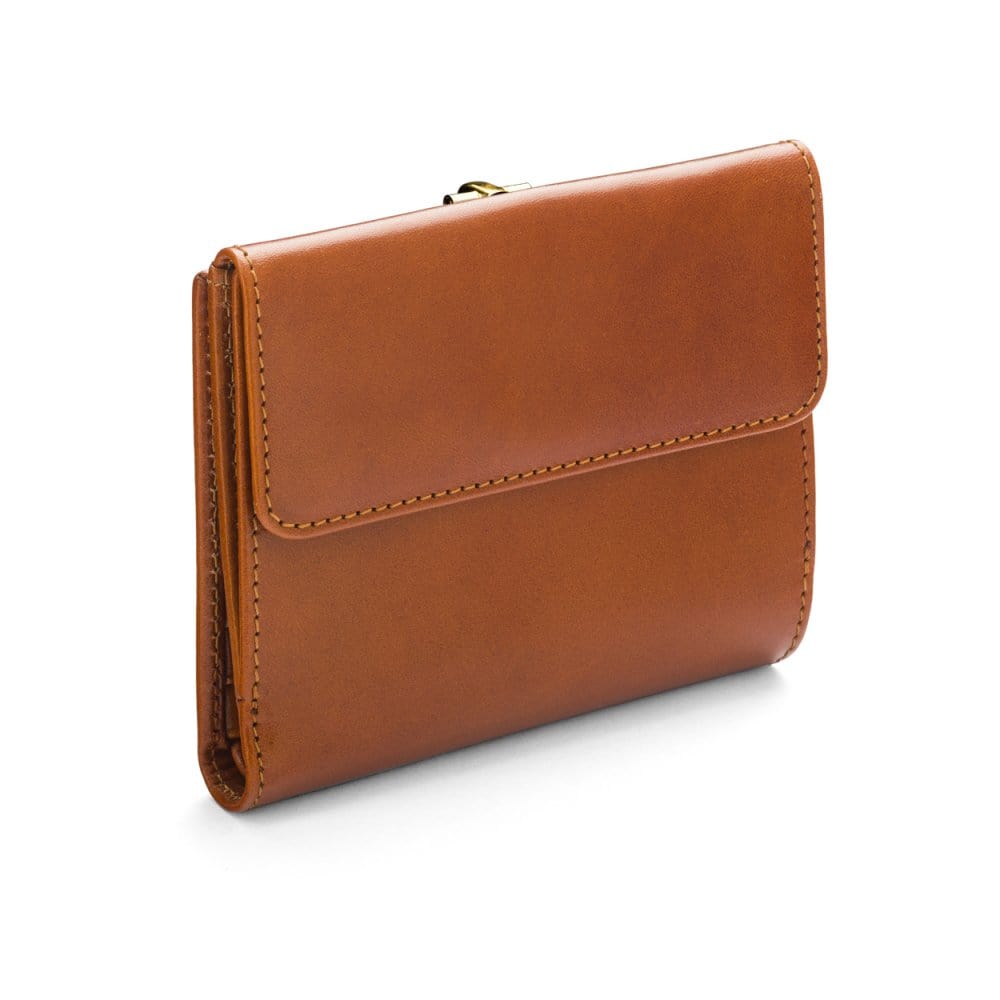 Leather purse with brass clasp, havana tan, back