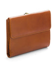 Leather purse with brass clasp, havana tan, back