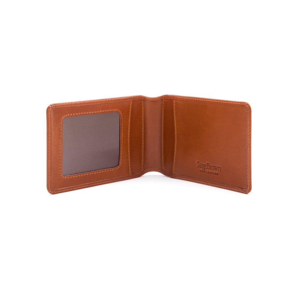 Leather travel card wallet, havana tan, open