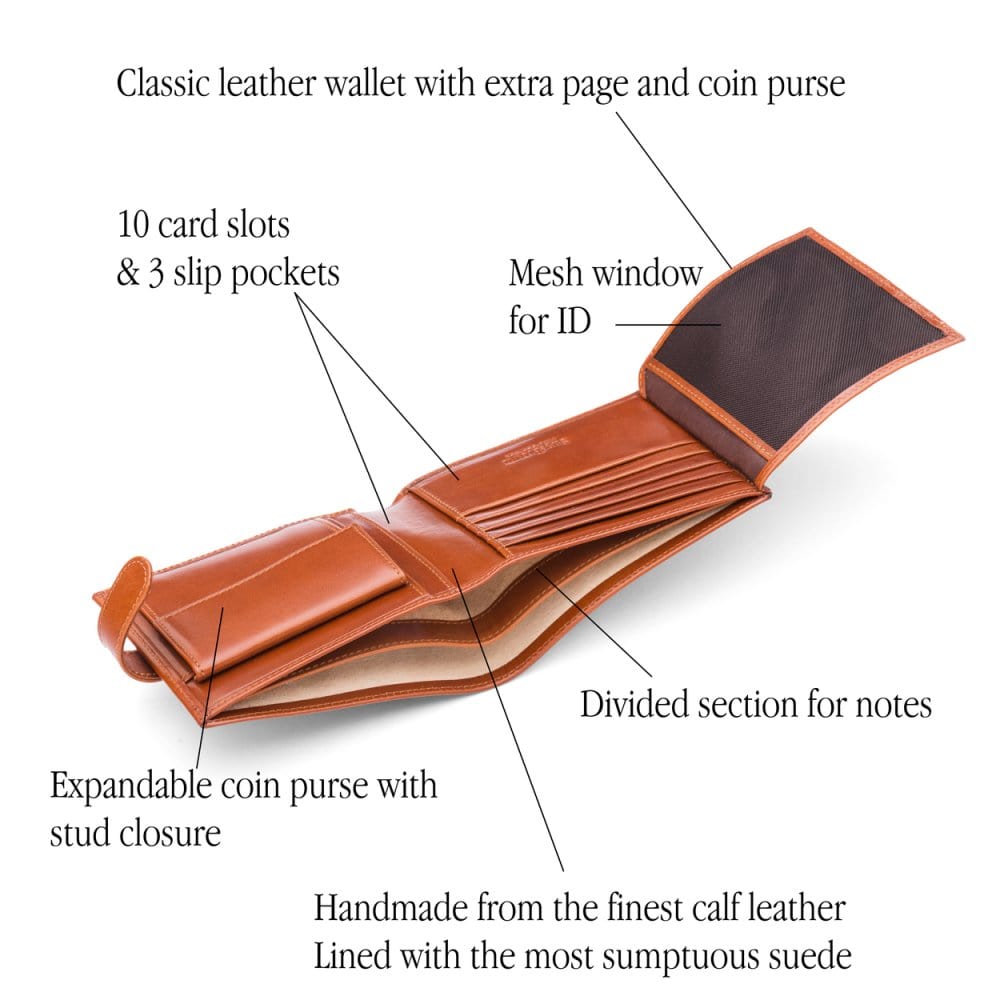 Leather wallet with coin purse, ID and tab closure, havana tan, features