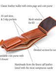 Leather wallet with coin purse, ID and tab closure, havana tan, features