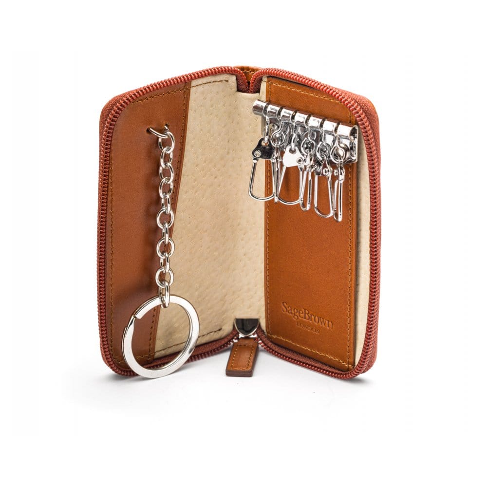 Leather zip around key case, havana tan, open