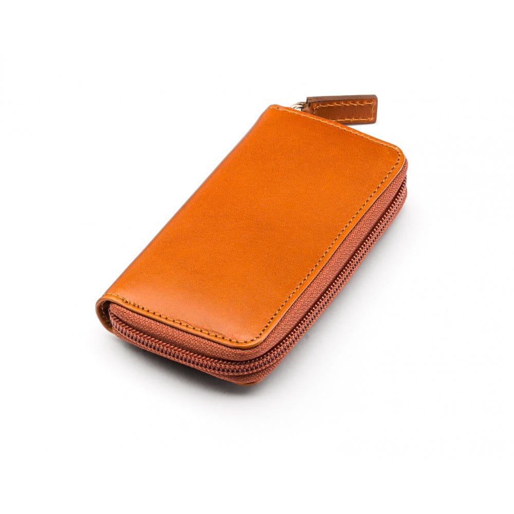 Leather zip around key case, havana tan, front