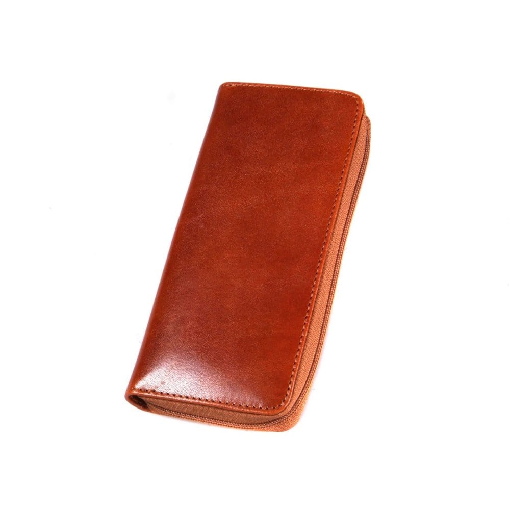 Havana Tan Leather Zip Around Triple Pen Case