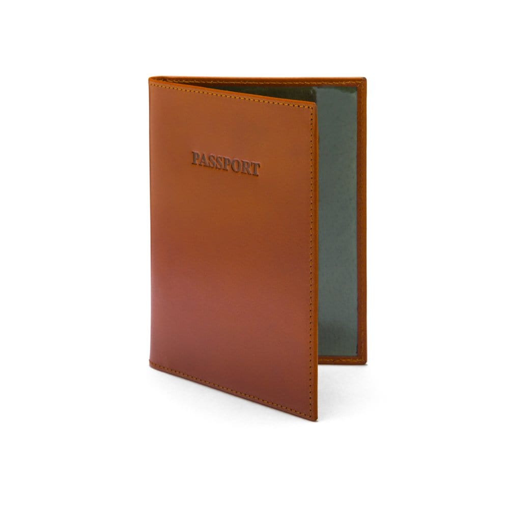 Luxury leather passport cover, tan, front