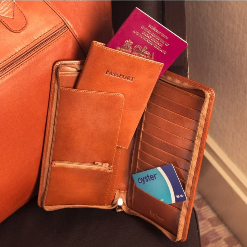 Luxury leather passport cover, tan, lifestyle