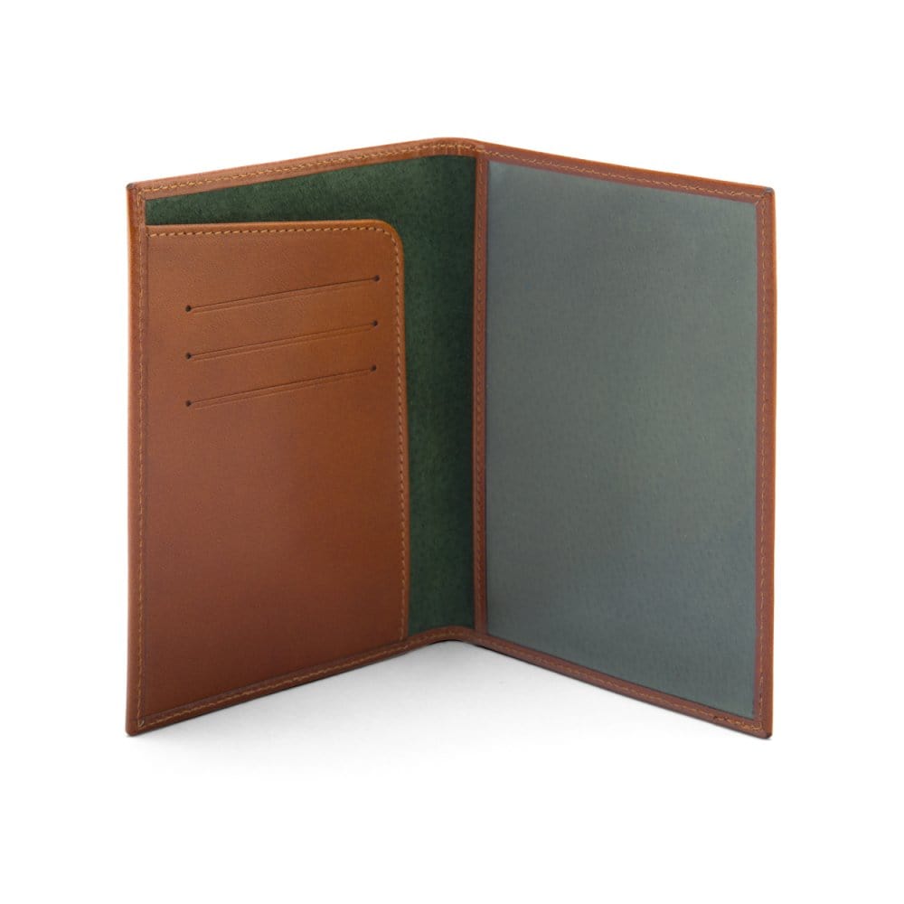 Luxury leather passport cover, tan, inside