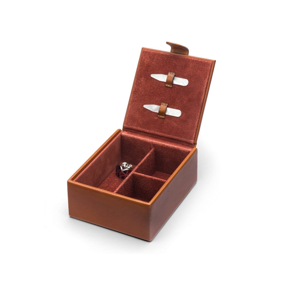 Men's leather accessory box, tan, open
