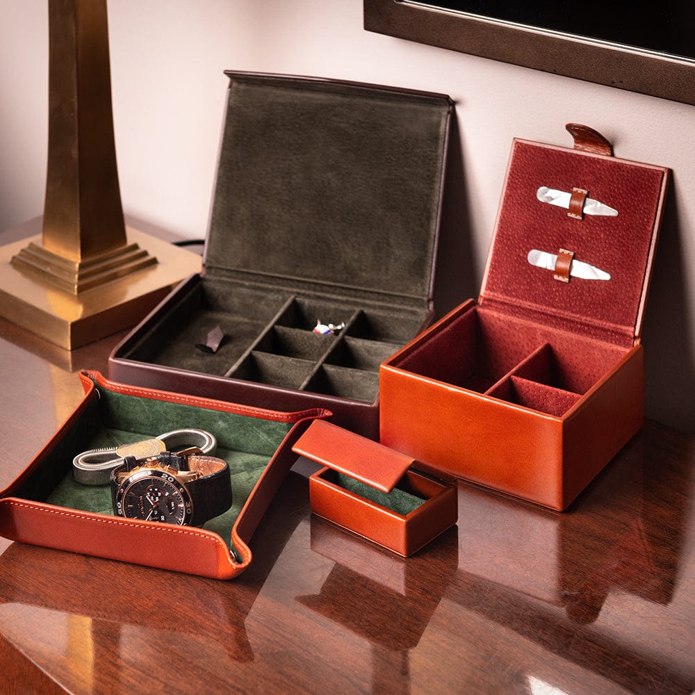 Men's leather accessory box, tan, lifestyle