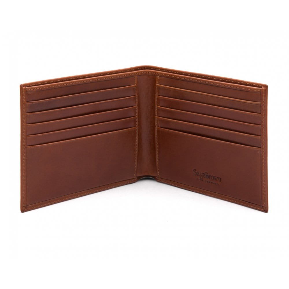 Men's leather billfold wallet, havana tan, open