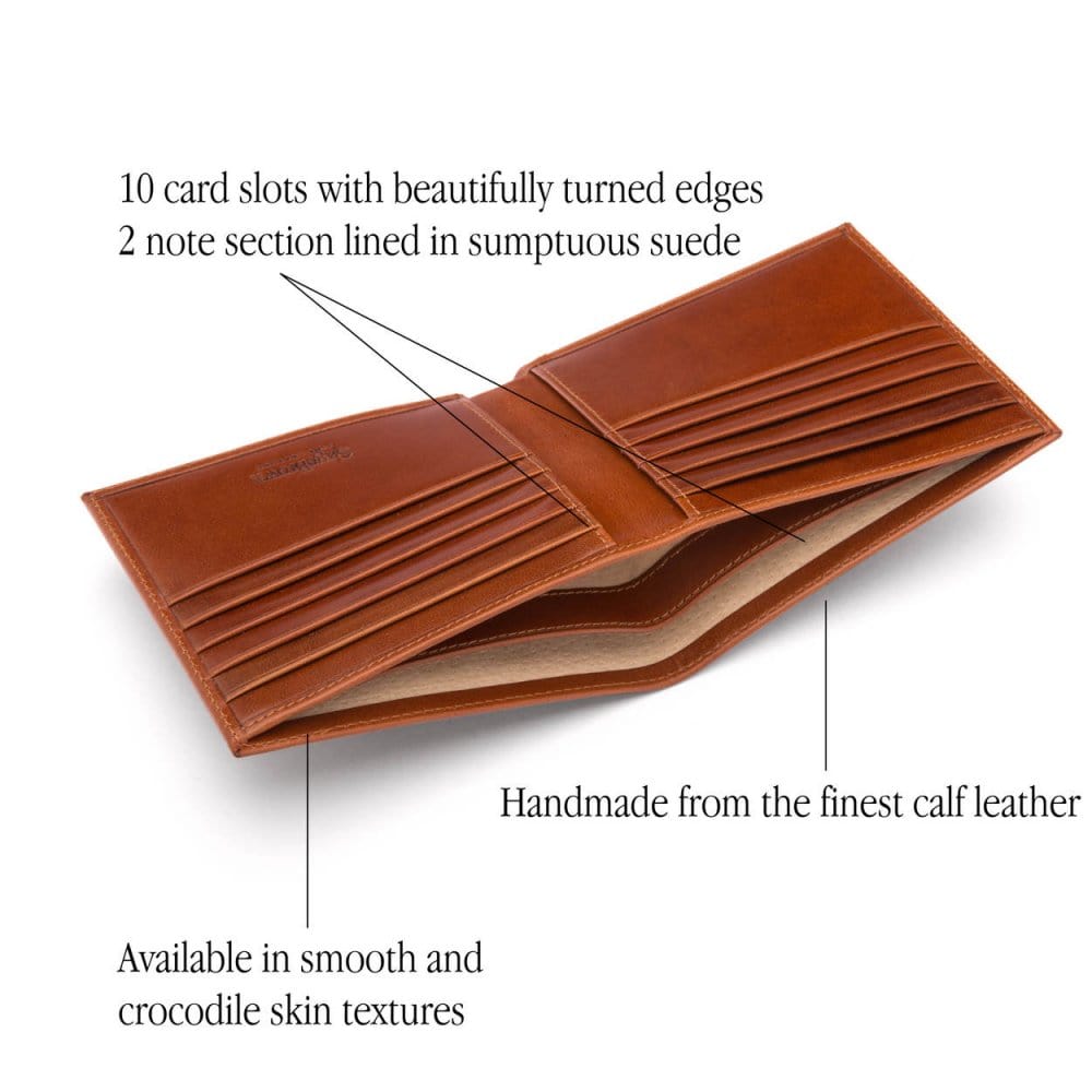 Men's leather billfold wallet, havana tan, featurest