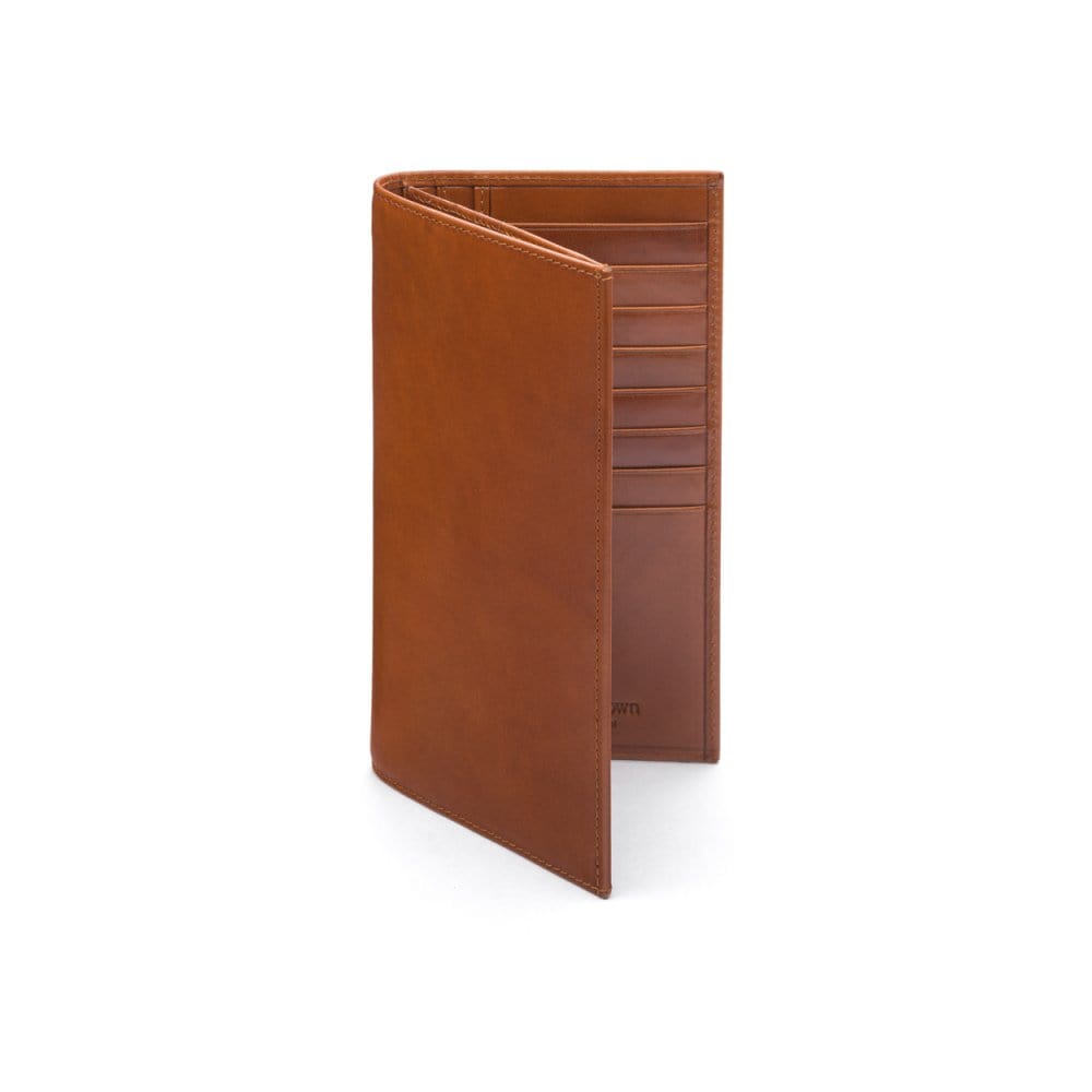 Men's tall leather wallet with 24 CC, havana tan, front