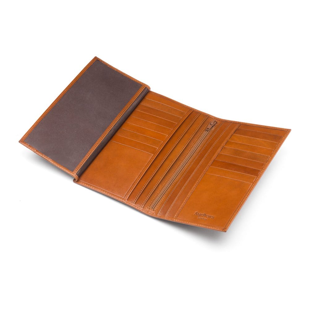 Men's tall leather wallet with 24 CC, havana tan, inside
