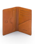 Leather card holder with RFID protection, havana tan, open